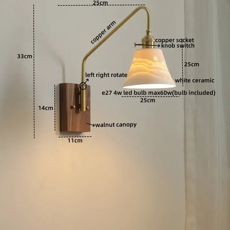 Modern brass and copper ceramic led wall lamps with copper arm walnut base and white ceramic shade for bedroom lighting