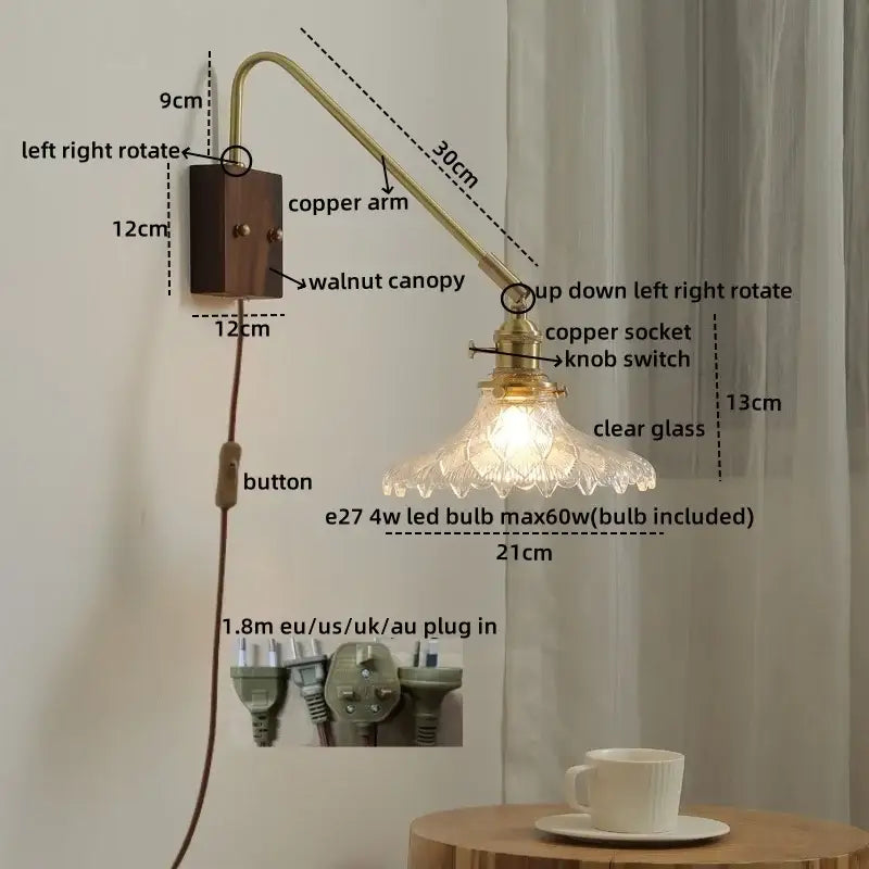 Modern brass and copper ceramic led wall lamp with walnut canopy and clear glass shade for bedroom lighting
