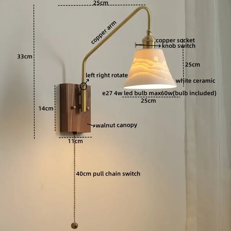 Modern brass and copper ceramic led wall lamp with walnut base and white ceramic shade featuring subtle wave patterns