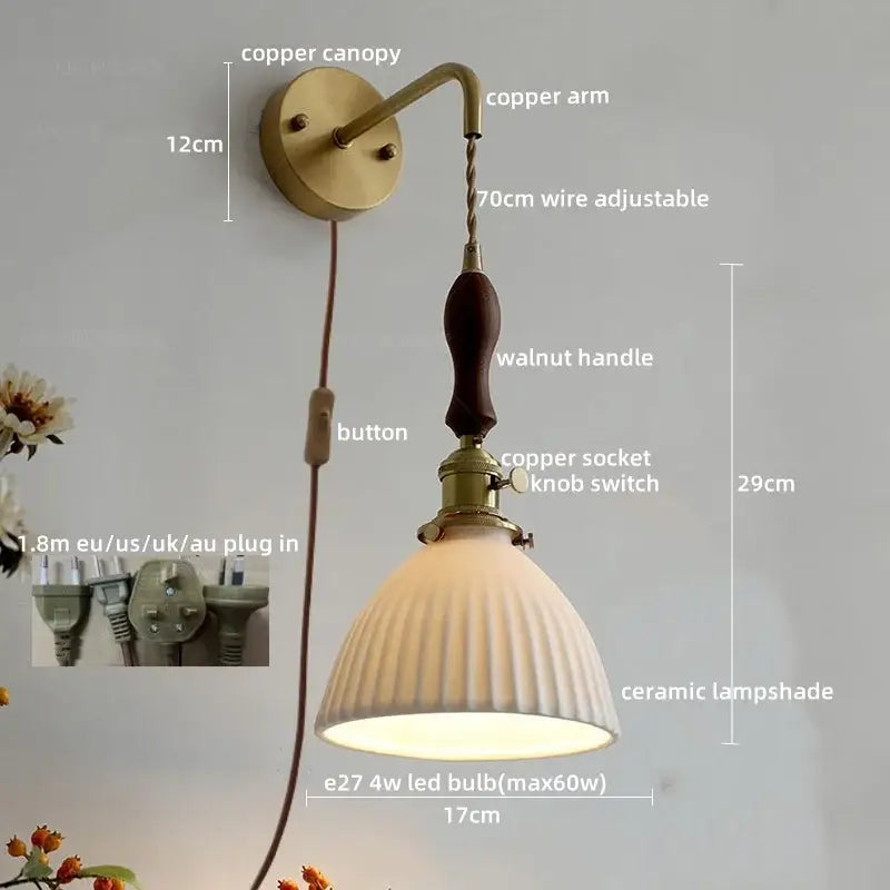 Vintage brass and dark wood led wall lamps with ceramic led wall shade and adjustable wire for bedroom use