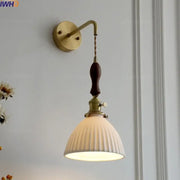 Vintage brass and dark wood led wall lamps with ribbed off-white glass shade for bedroom ceramic led wall sconce