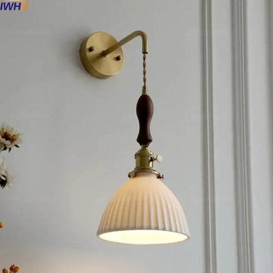 Vintage brass and dark wood led wall lamps with ribbed off-white glass shade for bedroom ceramic led wall sconce