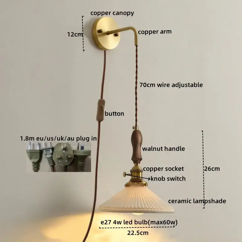 Vintage brass and dark wood led wall lamp with copper ceramic led wall shade and adjustable walnut handle wire