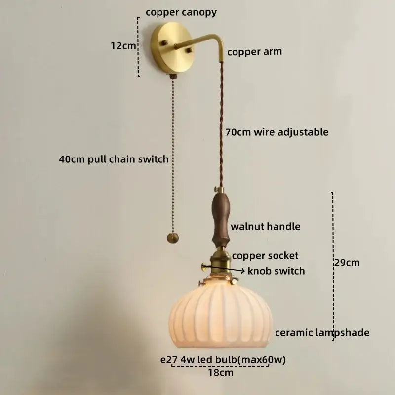 Copper wall lamps with ribbed ceramic led wall lampshade, walnut handle, and adjustable wire for bedroom lighting