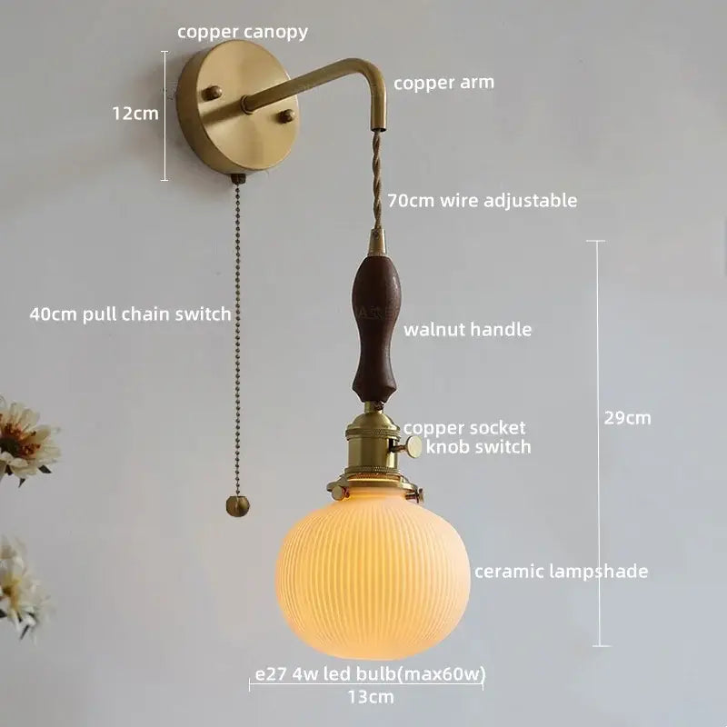 Vintage brass and dark wood led wall lamps featuring a copper sconce with ribbed ceramic led wall shade and walnut handle