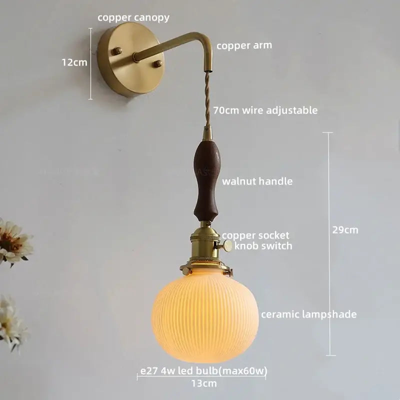 Copper wall lamps with walnut handle and ribbed ceramic led wall lampshade for vintage bedroom lighting