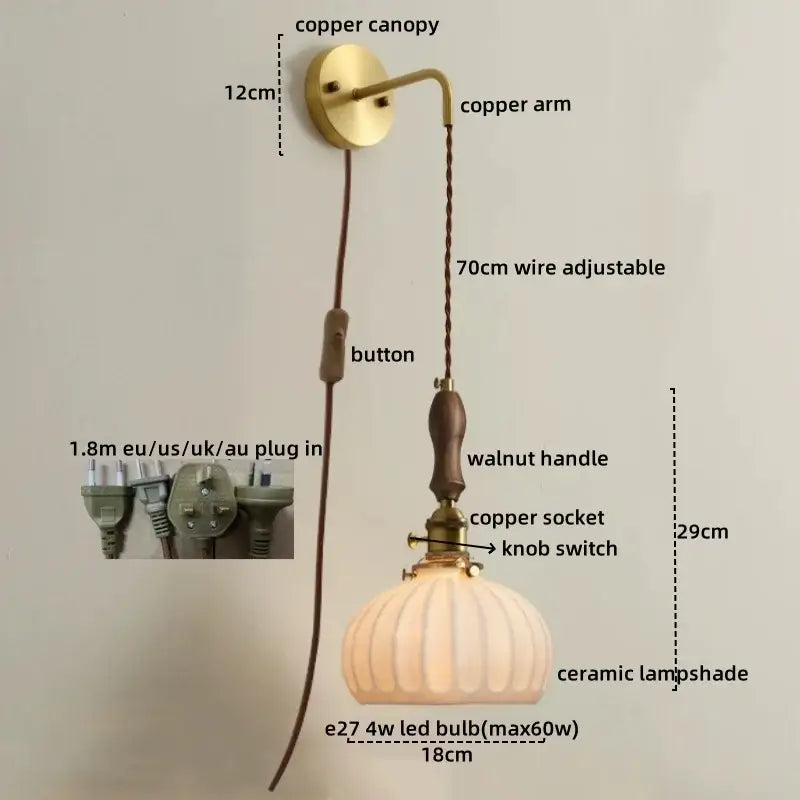 Vintage brass and dark wood led wall lamps with ceramic led wall shade and adjustable wire for bedroom lighting