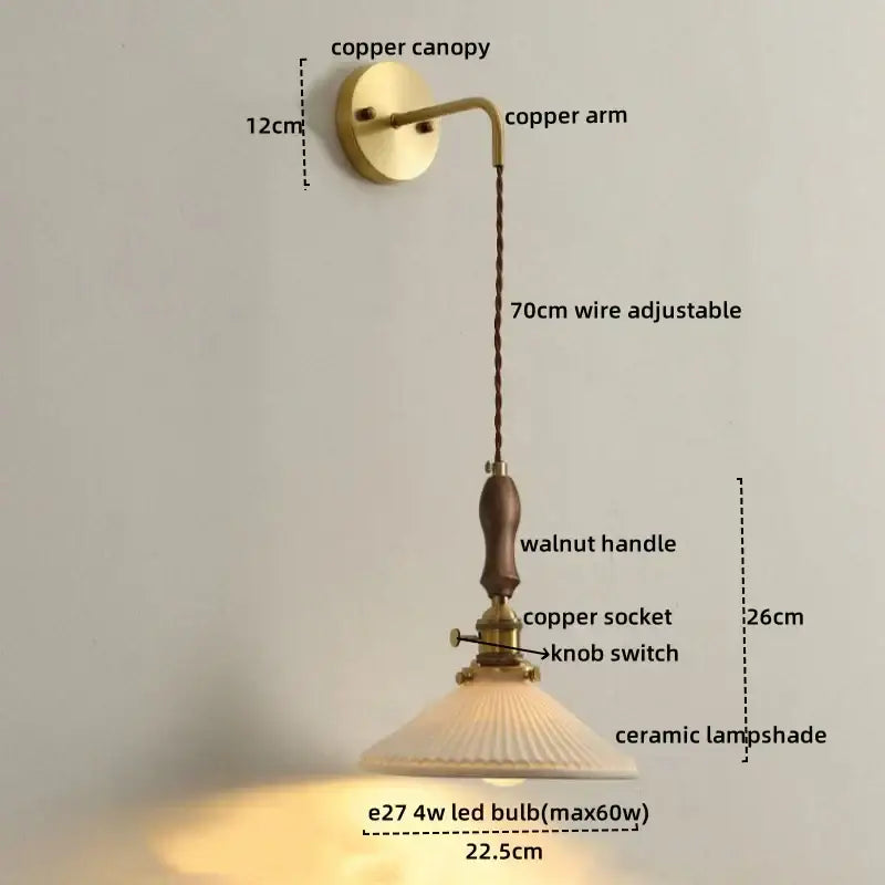 Vintage brass and dark wood led wall lamp with copper sconce, walnut handle, ceramic led wall shade, and adjustable wire