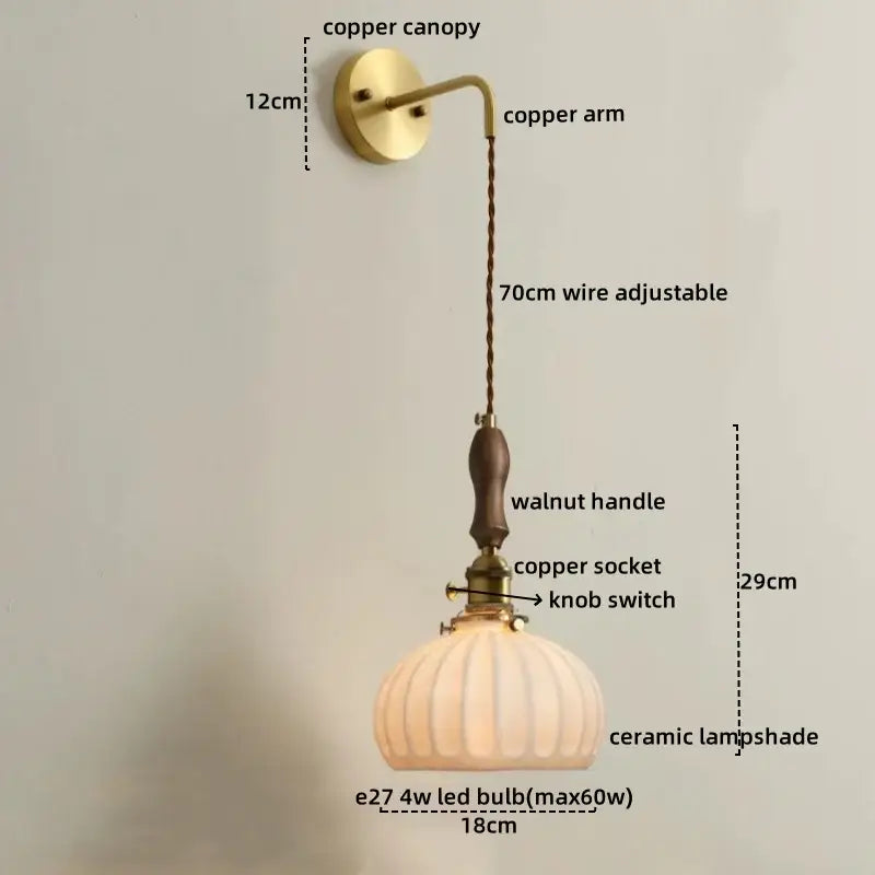 Vintage brass and dark wood led wall lamps with copper sconce, ribbed ceramic led wall shade, walnut handle, and adjustable wire