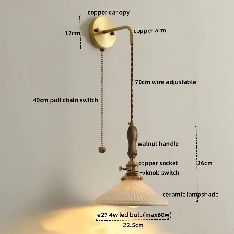 Vintage brass and dark wood led wall lamps featuring a copper wall sconce with walnut handle ceramic led wall shade and pull chain switch