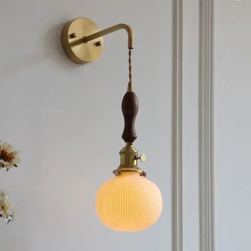 Vintage brass and dark wood led wall lamp with amber ribbed glass globe for bedroom ceramic led wall use