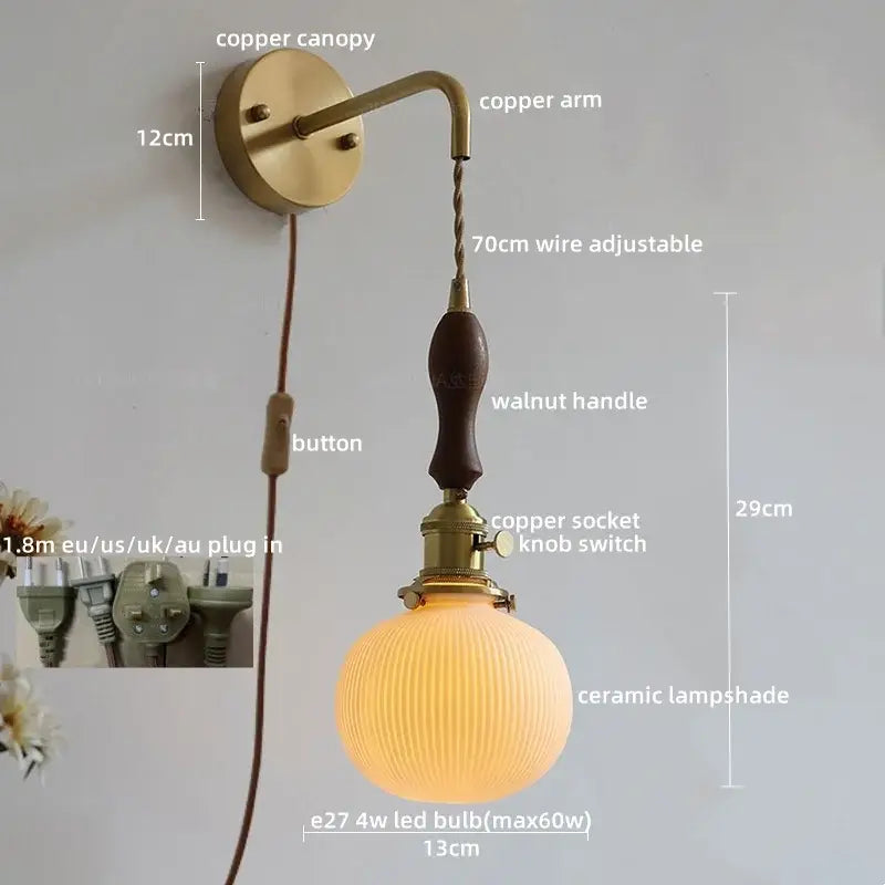 Copper wall lamp with ribbed ceramic led wall shade and walnut handle vintage brass and dark wood sconce for bedroom