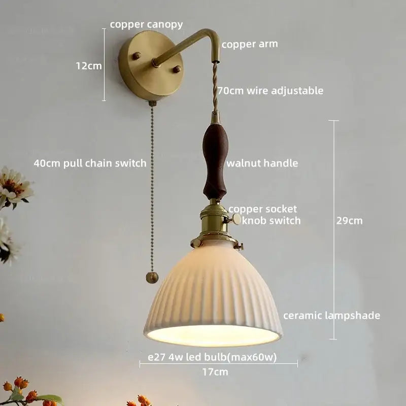 Vintage brass and dark wood led wall lamps with ceramic led wall sconce featuring ridged ceramic shade and walnut handle