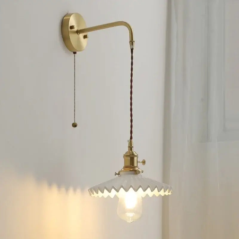 Vintage brass wall light with ceramic led scalloped white shade and twisted burgundy cord for bedroom sconce use