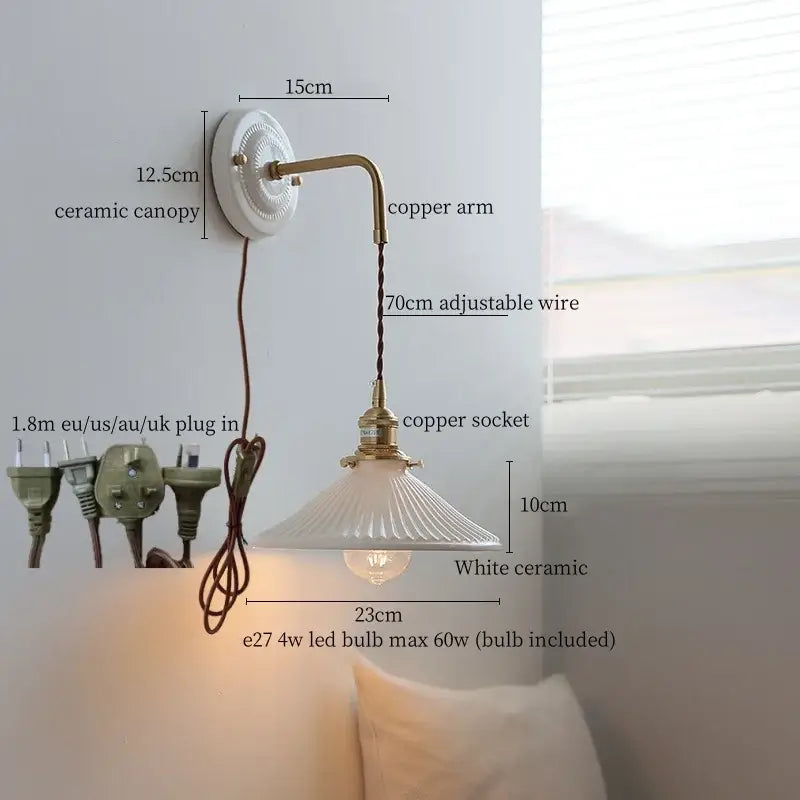 White ceramic led wall light with brass copper arm and adjustable wire for flexible positioning in living room use