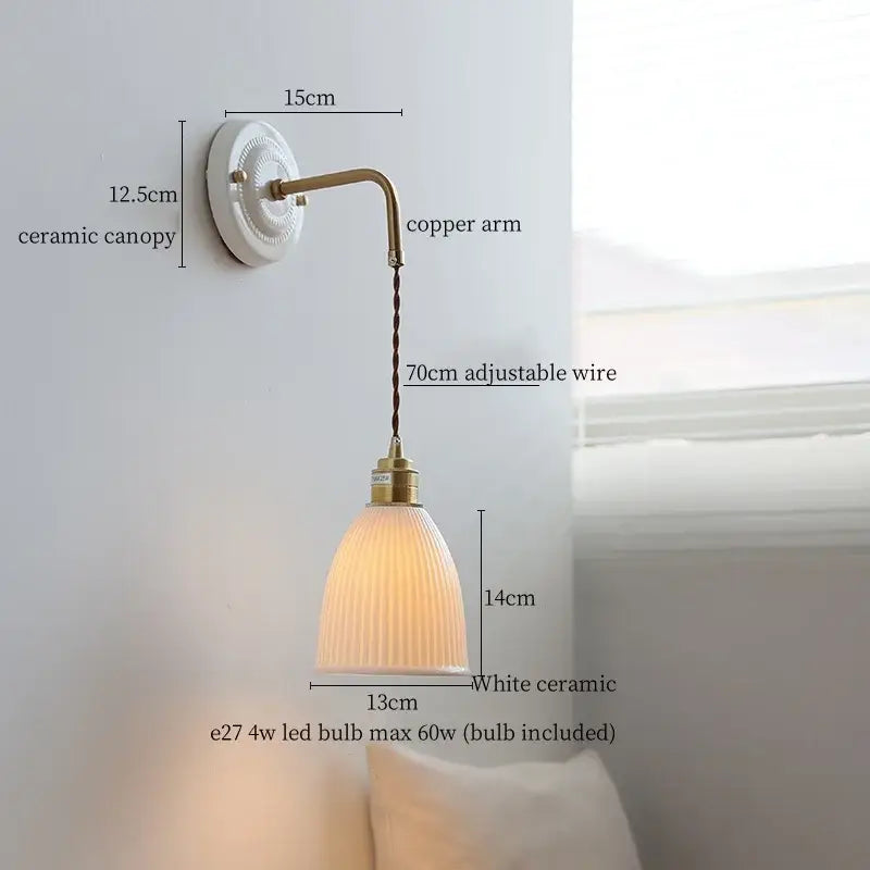 White ceramic led wall light with brass copper arm and ribbed glass shade for vintage living room decor