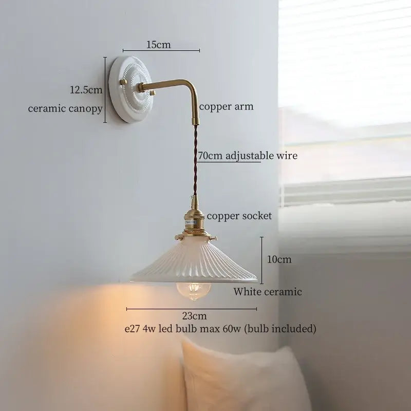 White ceramic led wall light with brass copper arm and ribbed glass shade for vintage living room decor