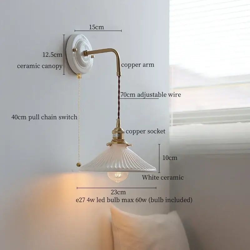 Vintage brass ceramic led wall light with white ceramic sconce, brass arm, adjustable wire, and ribbed glass shade for living room