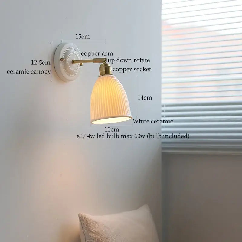 White ceramic led wall light with ribbed glass shade and copper arm for vintage living room decor