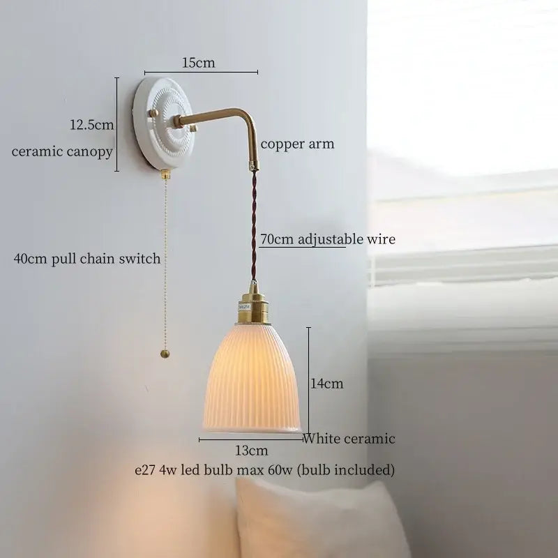 White ceramic led wall light with brass copper arm and ribbed glass shade for vintage living room decor