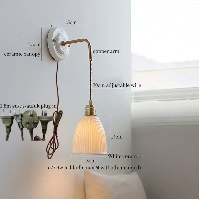 White ceramic led wall light with curved copper arm and ribbed glass shade for vintage living room decor