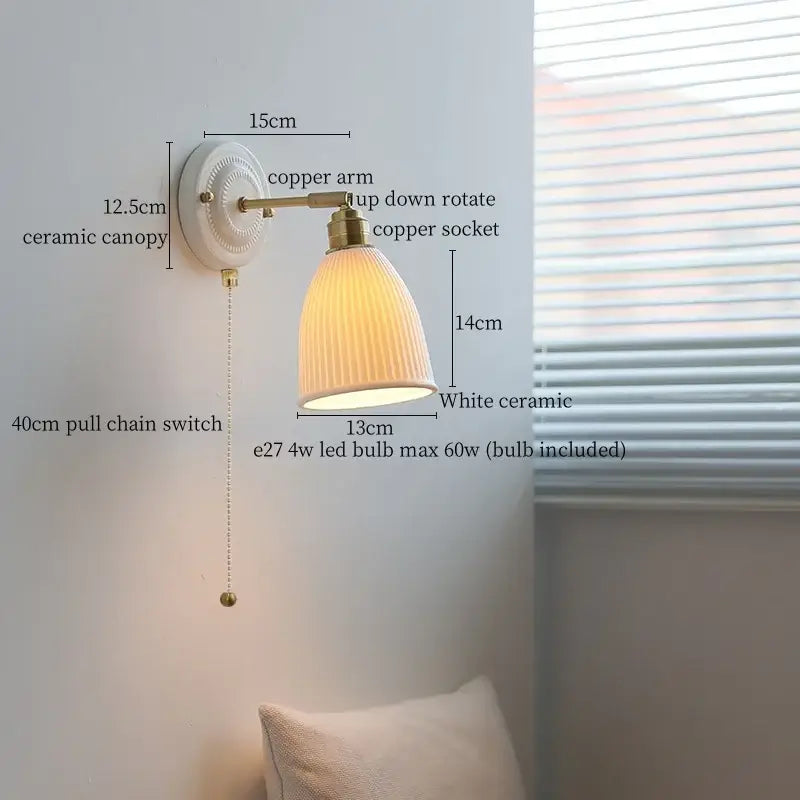 White ceramic led wall light with ribbed glass shade and vintage brass copper arm for living room use