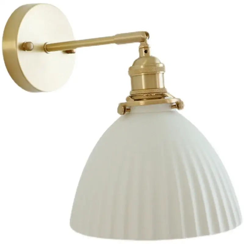 Vintage brass and ceramic led wall sconce with off-white ribbed glass shade for bedroom wall light with pull chain
