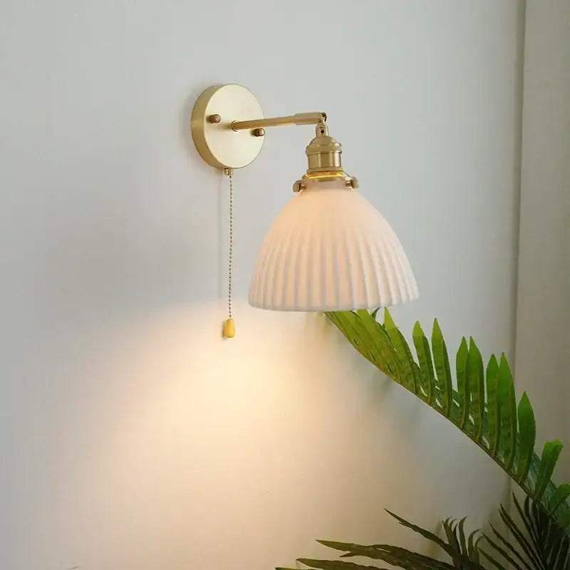 Vintage brass and ceramic led wall sconce with white ribbed glass shade wall light for bedroom with pull chain