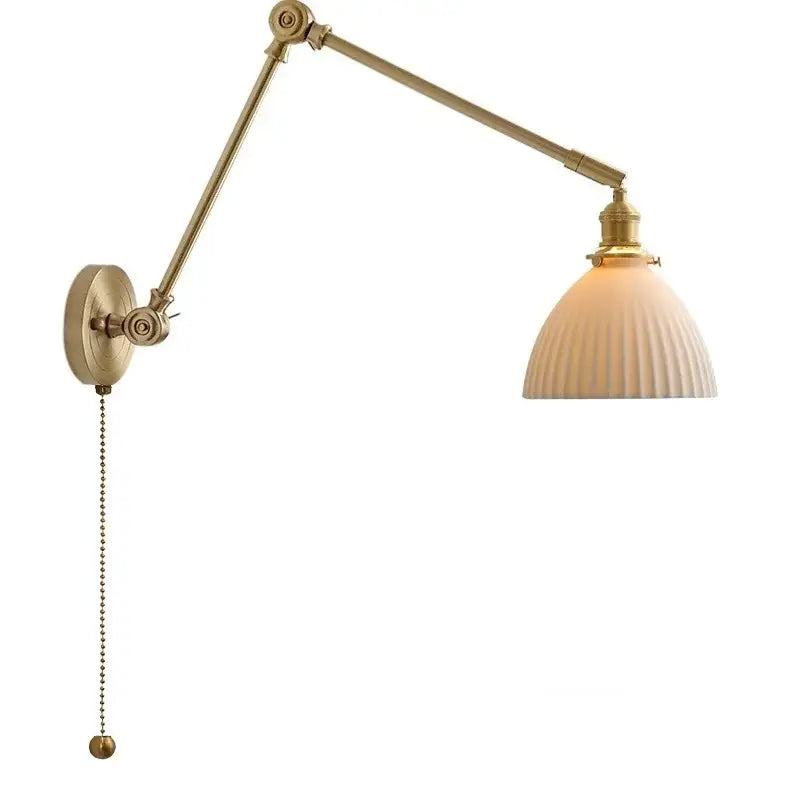 Vintage brass and ceramic led wall sconce with adjustable brass finish and ribbed off-white glass shade wall light