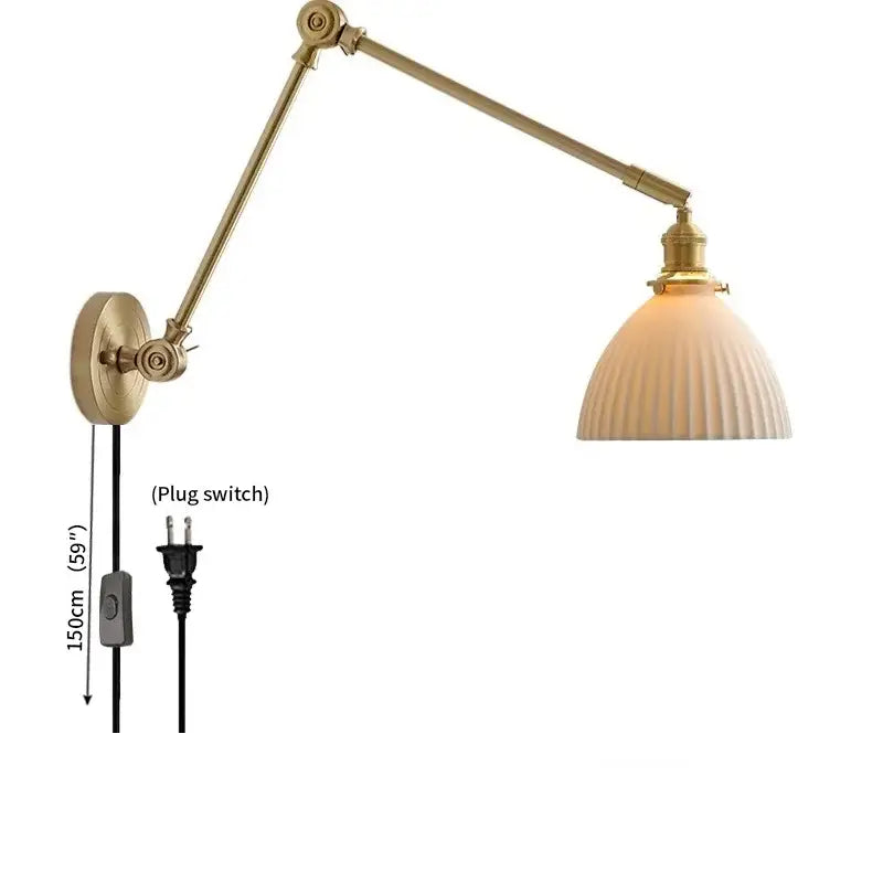 Vintage brass and ceramic led wall sconce with adjustable wall light and ribbed off-white glass shade for bedroom use