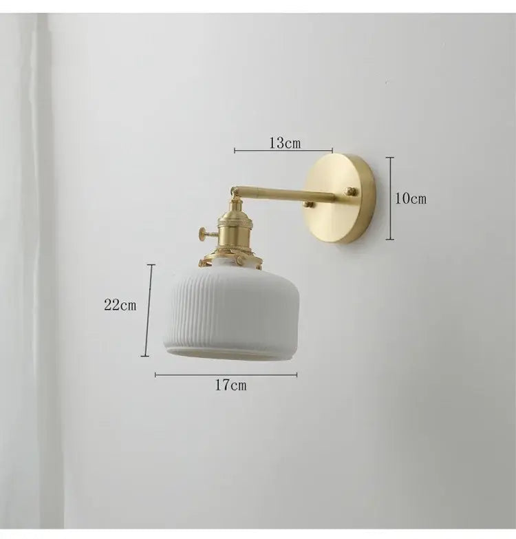 Vintage brass and white ceramic ribbed lampshade led wall sconce with pull chain wall light for bedroom use