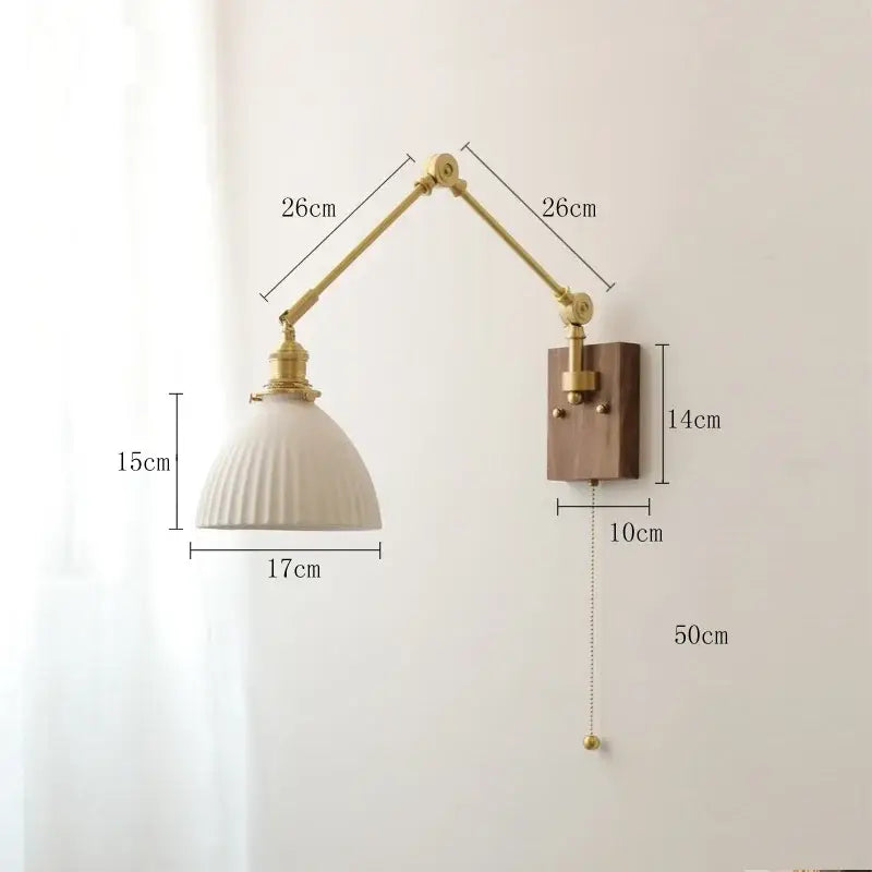 Adjustable vintage brass led wall sconce with cream ribbed glass shade and wooden backplate for bedroom wall light