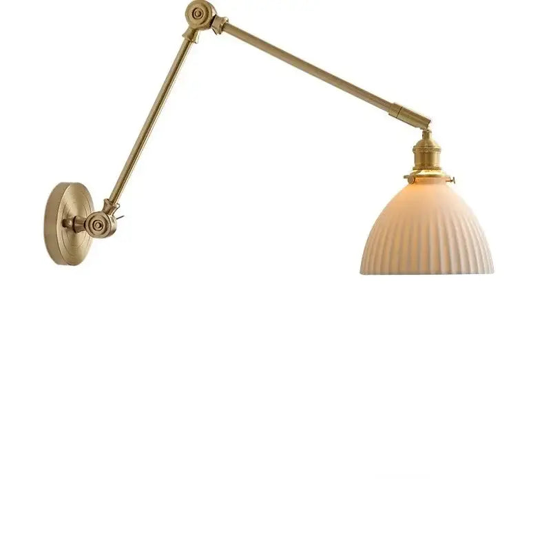 Vintage brass and ceramic led wall sconce with adjustable ribbed off-white glass shade for bedroom wall light