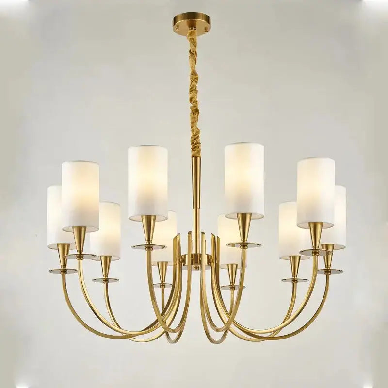 Elegant copper chandelier lights featuring gold-toned cylindrical fabric shades and a twisted rope chain for living room decorbites copper chandelier
