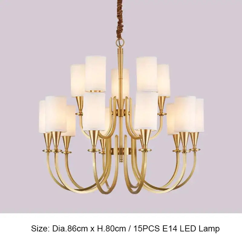 Elegant copper chandelier lights featuring gold-toned braided cord suspension and multiple frosted glass fabric shades