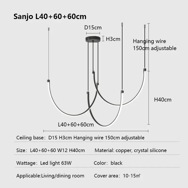 Black sanjo l40+60+60cm modern decorbites copper chandelier with crystal silicone components for living room lighting