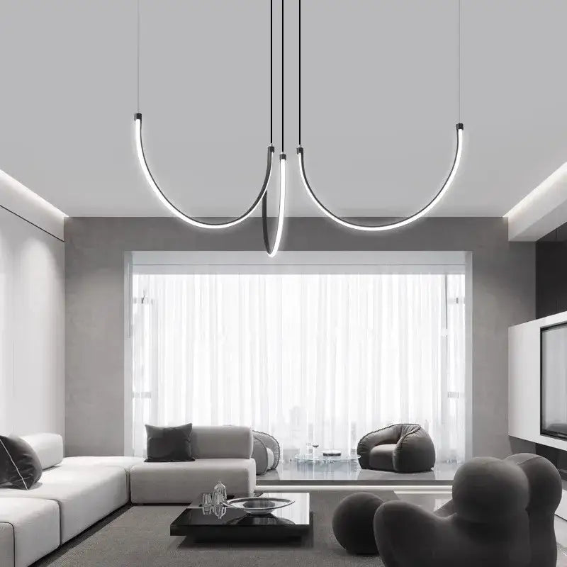 Modern decorbites copper chandelier with black cords and three curved glowing white led arcs for living room lighting