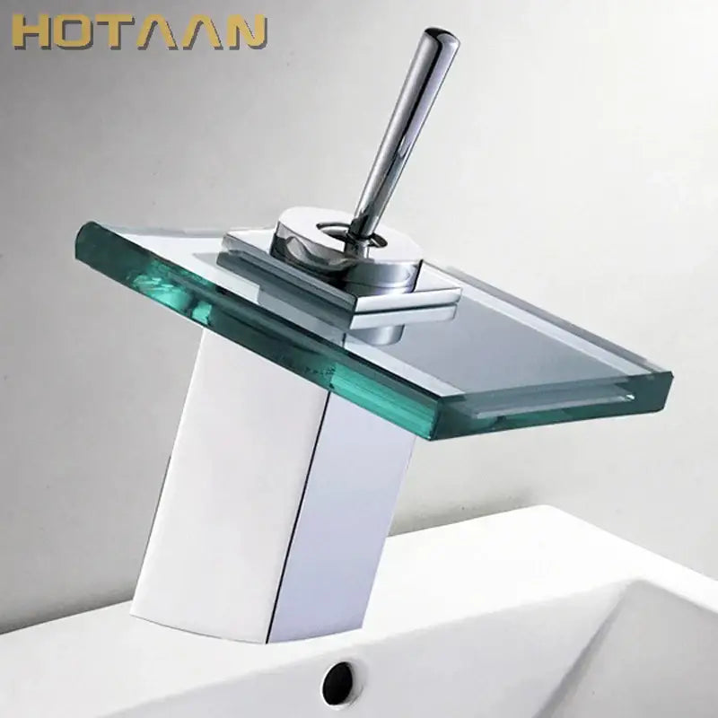Modern chrome waterfall bathroom faucet with sleek rectangular glass plate and white ceramic basin mixer