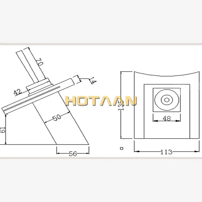 Technical drawing of a modern chrome waterfall bathroom faucet with white ceramic basin mixer and precise dimensions