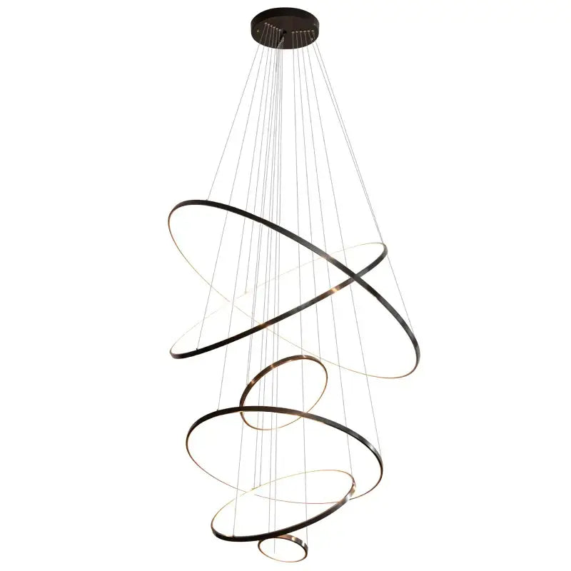 Modern decorbites copper circle chandelier featuring a black metal spiral with interlocking rings suspended by wires