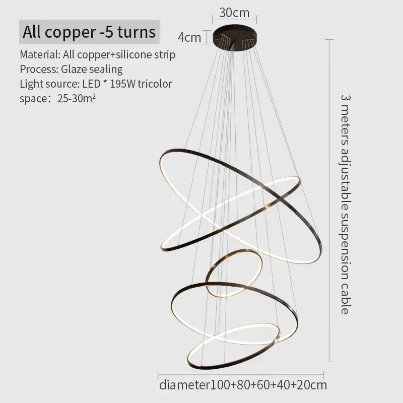 Modern decorbites copper circle chandelier with five interlocking rings and led tricolor lighting for living room