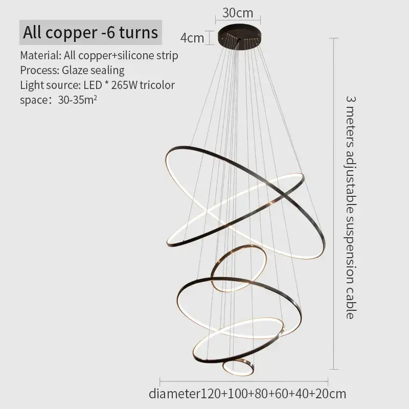 Modern decorbites copper circle chandelier with six interlocking rings in copper and black for living room LED lighting