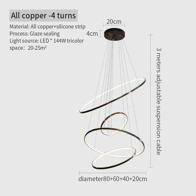 Modern copper spiral chandelier with four interlocking rings, featuring a sleek black and gold finish.