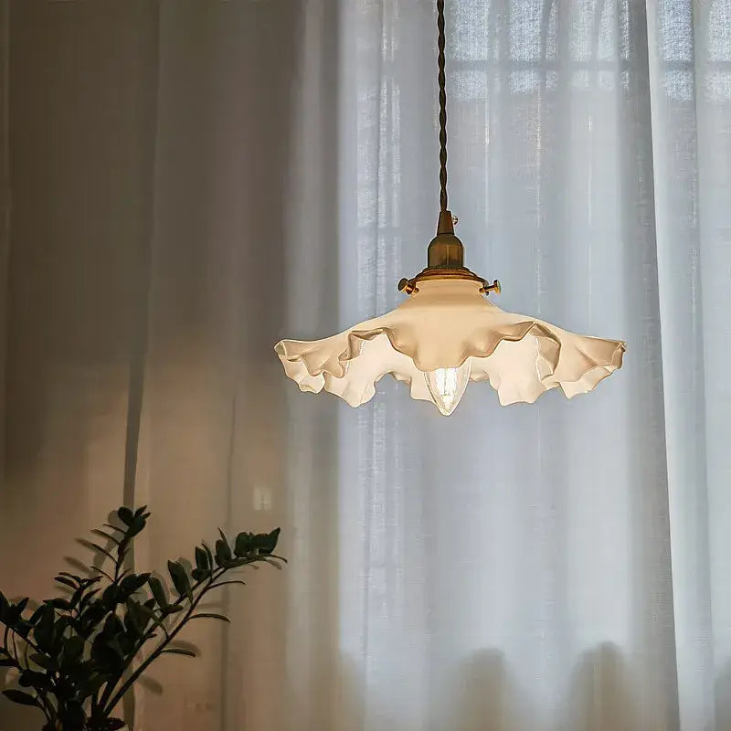 Classical brass and white glass pendant light with cream ruffled shade and twisted cord for bedroom lighting decorbites copper classical