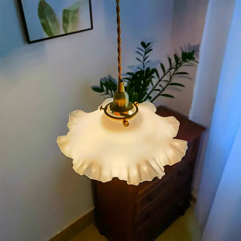 Classical brass and white glass pendant light with ruffled off-white glass shade and brass fixture for bedroom lighting decorbites copper classical hanging