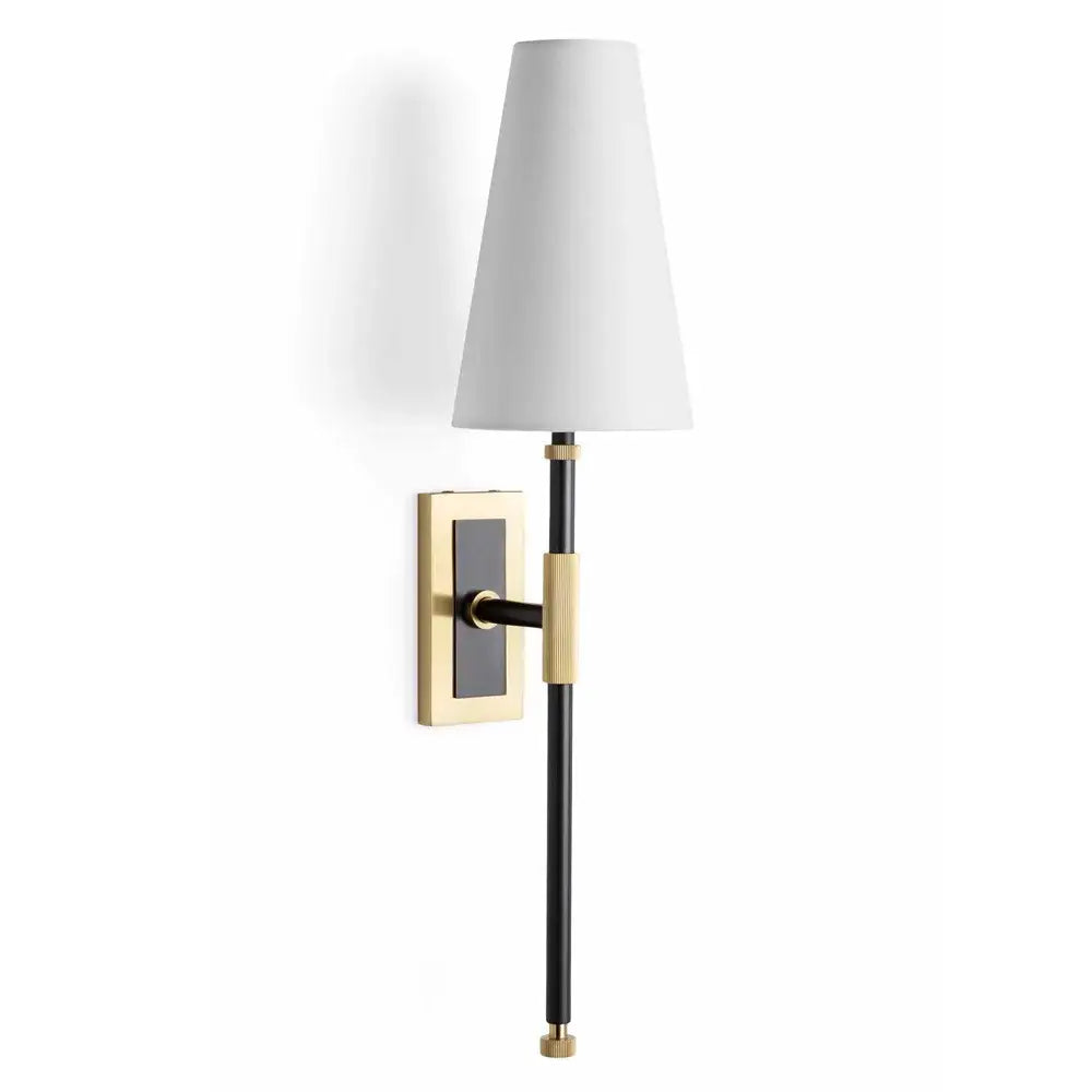 Elegant black and brass copper cloth led wall lamp with white tapered shade for bedroom reading and decor