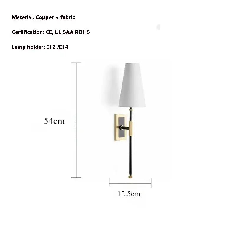Sleek black and brass copper cloth led wall lamp with white fabric shade for bedroom lighting