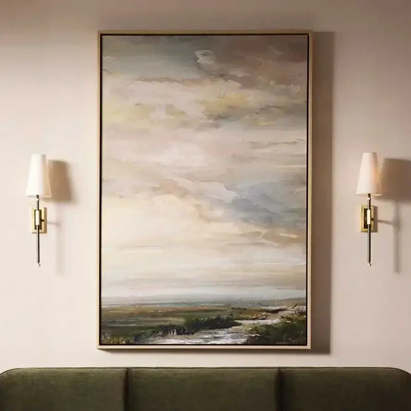 A sleek black and brass copper cloth led wall lamp installed above a framed abstract landscape painting