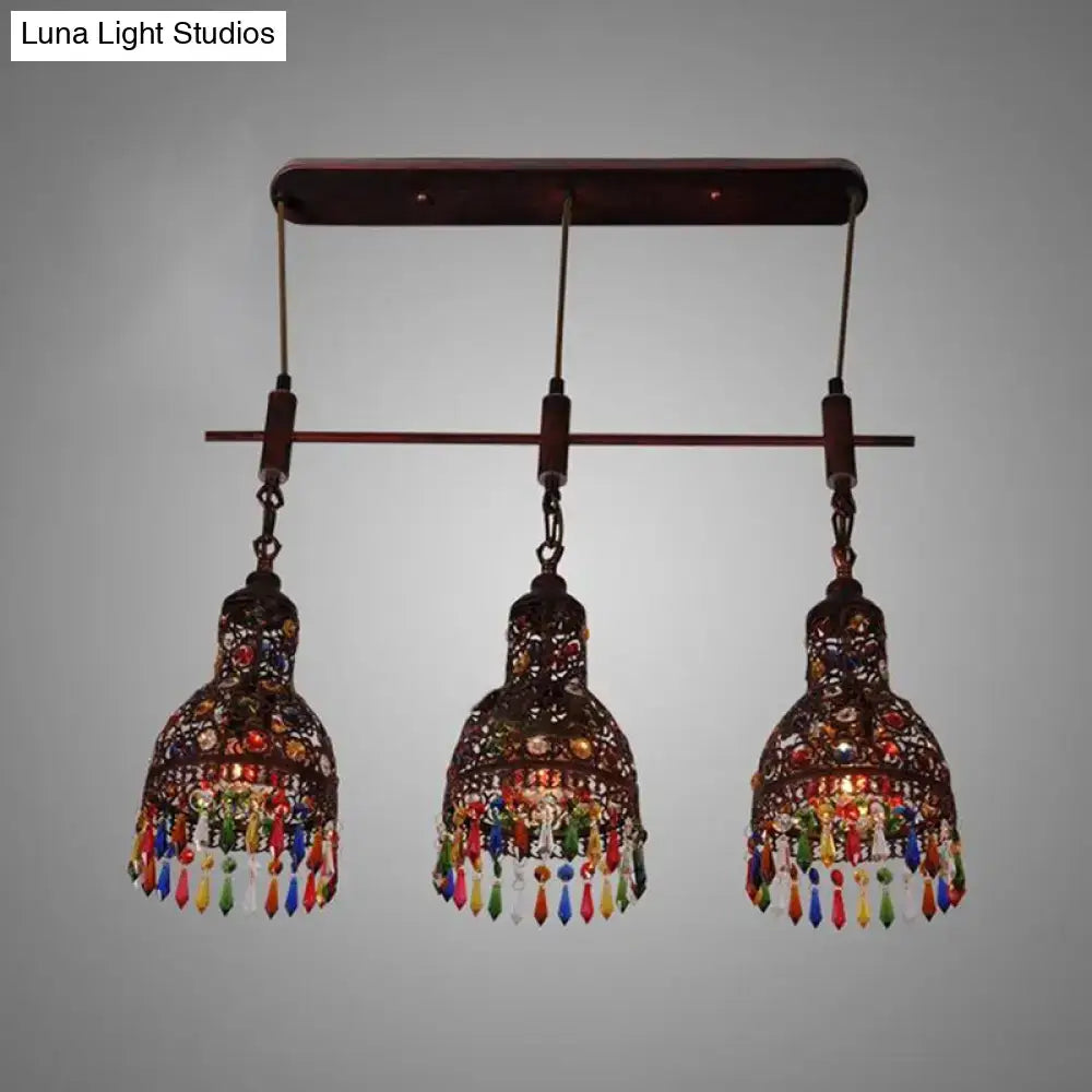 DecorBites™ copper cluster pendant ceiling light with three ornate dark metal frames and colorful glass beads in art deco style