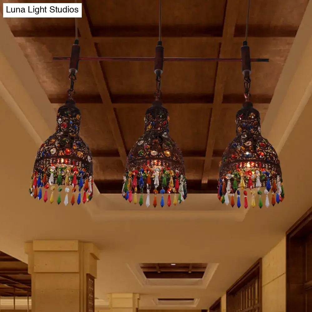 DecorBites copper cluster ceiling light with three dark metal art deco pendant lights and colorful glass beads